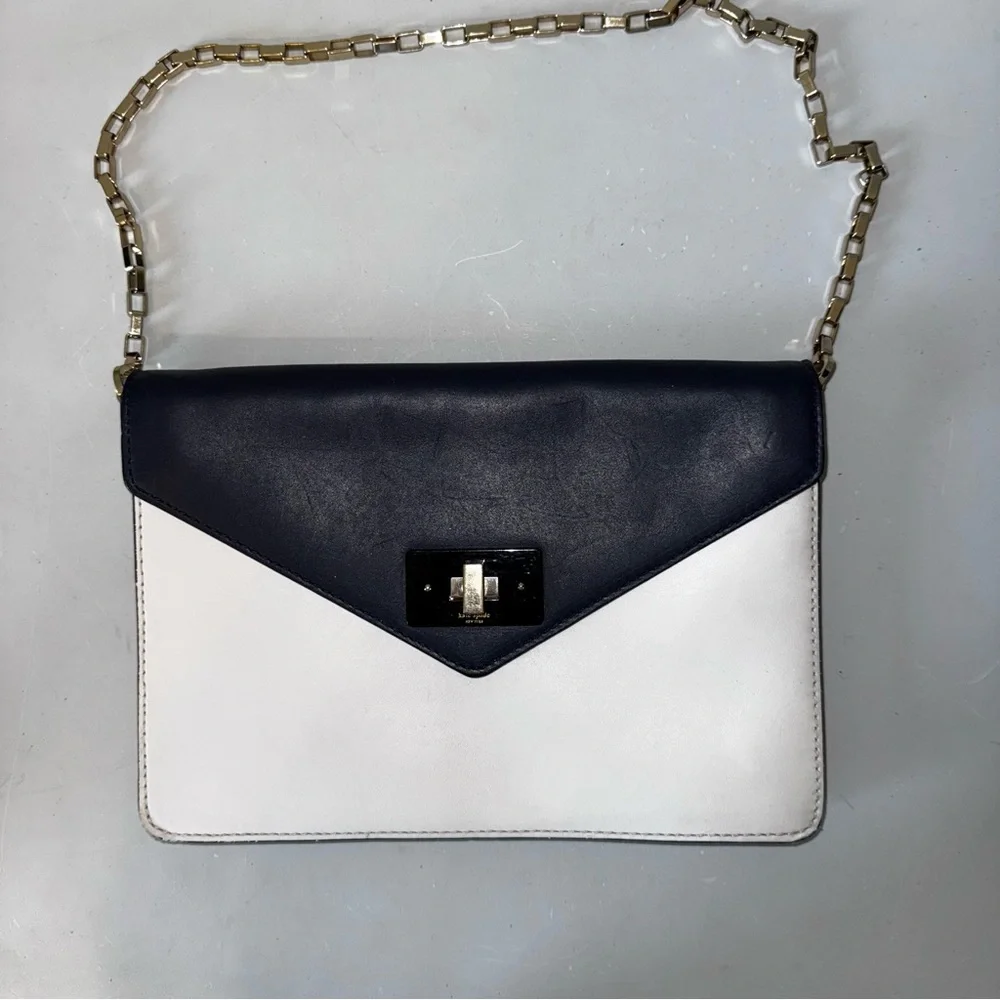Kate Spade Post Street Madison Clutch Navy White Striped Nautical‎ Gold Chain